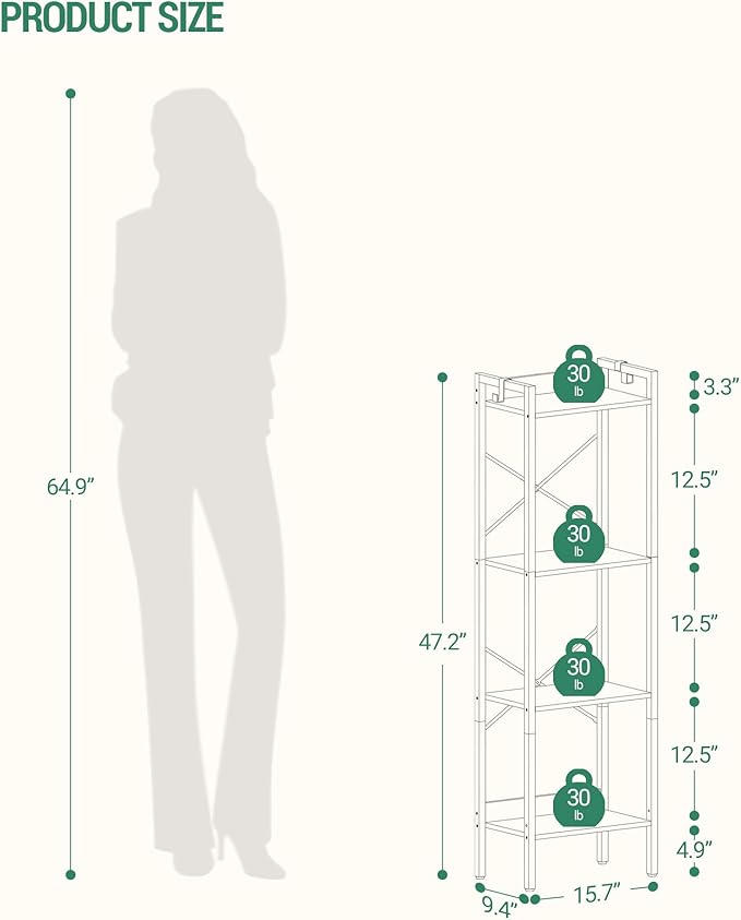 Bookshelf, Book Shelf, Industrial Bookcase with 2 Hooks, Coner Shelf Storage Organizer for Home Office, Living Room, Bedroom, Kitchen, 4-Tier Rustic Brown BC10401B