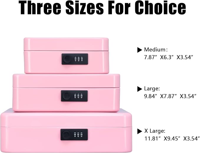KYODOLED Metal Cash Box with Combination Lock Money Box for Cash Safe Metal Box with Money Tray for Security Lock Box 11.81"x 9.45"x 3.54" Pink X Large