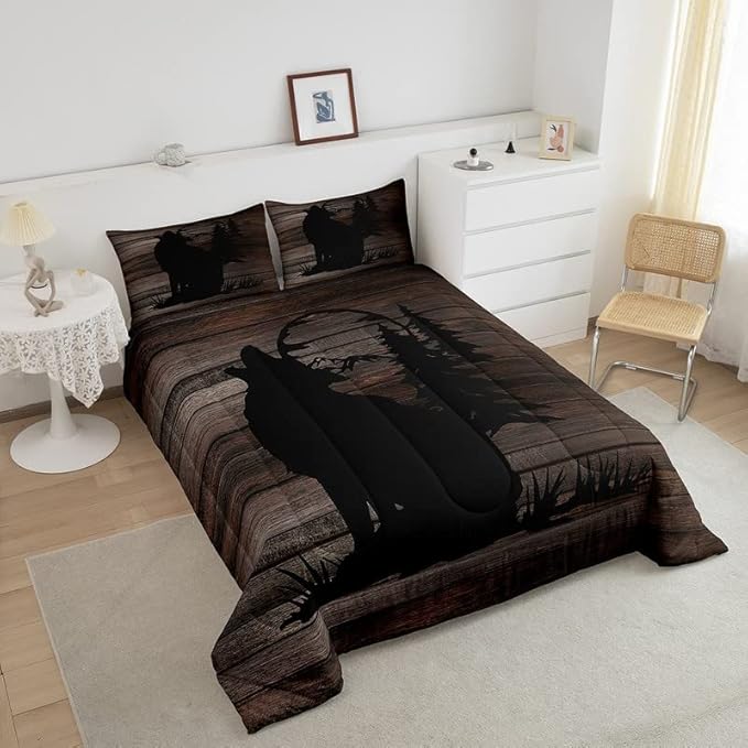 Cute Wolf Comforter Set for Girls Kids Wolves Howling Bedding Set Room DecorAnimal Wolves Tree Wood Grain Bedding Set Brown Black Duvet Set 3Pcs with 2 Pillow Case King Size Boys