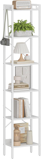Bookshelf, Book Shelf, Industrial Bookcase with 2 Hooks, Coner Shelf Storage Organizer for Home Office, Living Room, Bedroom, Kitchen, 6-Tier White BC10713W