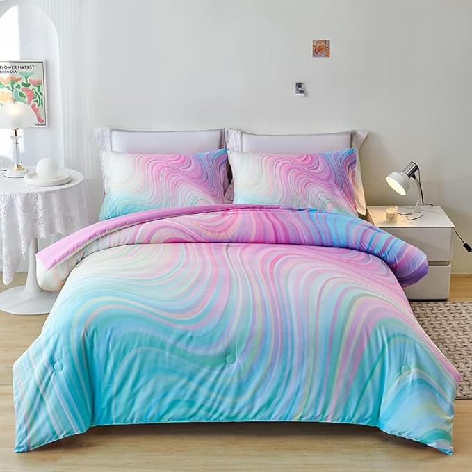 Comforter Set for Girls,Rainbow Comforter Set Full,Pink Comforter Set,Tie Dye Bedding,Kids Bedding Set for Girls,Teen Girl Comforter Set,Blue Pink Comforter for Kids