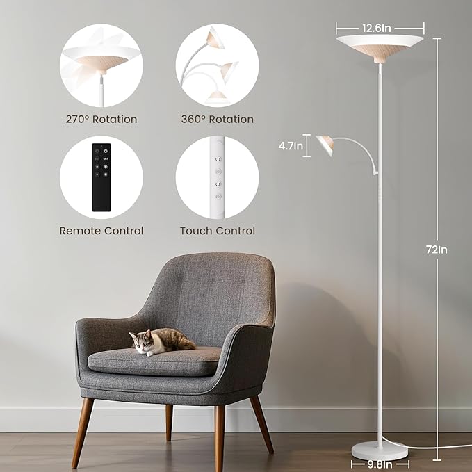 Torchiere Floor Lamp with Wood Grain Shade, 72" Dimmable LED Standing Lamp with Remote, 2-in-1 Floor Reading Lamp with Color Changing, 34W White Corner Lamp for Living Room Bedroom Office