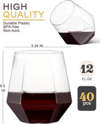 40 Pack Plastic Wine Glasses, 12 Oz Disposable Cocktail Whiskey Glasses | Clear Diamond Stemless Champagne Margarita Glasses, Unbreakable Reusable Plastic Party Cups for Wedding Birthday