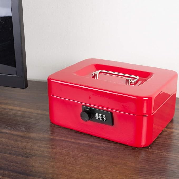 KYODOLED Medium Cash Box with Combination Lock Safe Metal Money Box with Money Tray for Security Lock Box 7.87"x 6.30"x 3.54" Red Medium