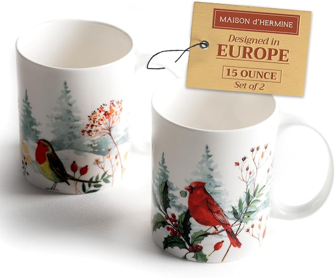 Maison d' Hermine Coffee Mug with Handles Tea Cups (15 Ounce, Pack of 2) | Fine Bone China Coffee Mugs for Hot Beverages Cappuccino Latte Home Restaurant Hotel Spring Summer -Morzine