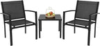 Greesum 3 Pieces Patio Furniture Set Outdoor Conversation Textilene Fabric Chairs for Lawn, Garden, Balcony, Poolside with A Glass Coffee Table, Black