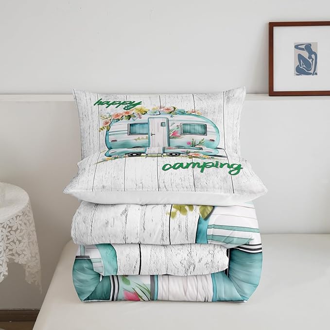 Girls Camper Comforter Set Camping Car Floral Down Comforter King Size Rustic Farmhouse Theme Bedding Set Camping Decor Retro Chic Flower Quilted Duvet Old Barn Door Vintage Wooden Style Duvet Set