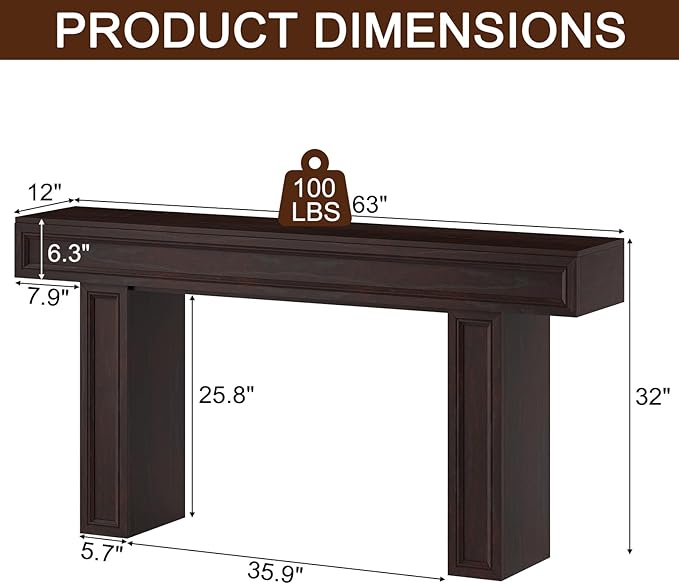 Rresyet 63 Inch Long Console Table, Sofa Table Behind Sofa, Wooden Entryway Table, Farmhouse Entryway Table for Entry, Hallway, Living Room (Cherry)