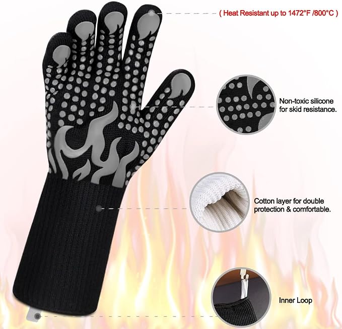 Comsmart BBQ Gloves, 1472F Heat Resistant Silicone Non-Slip Oven Mitts, Long Kitchen Gloves Perfect for Grilling, Cooking, Baking, Cutting