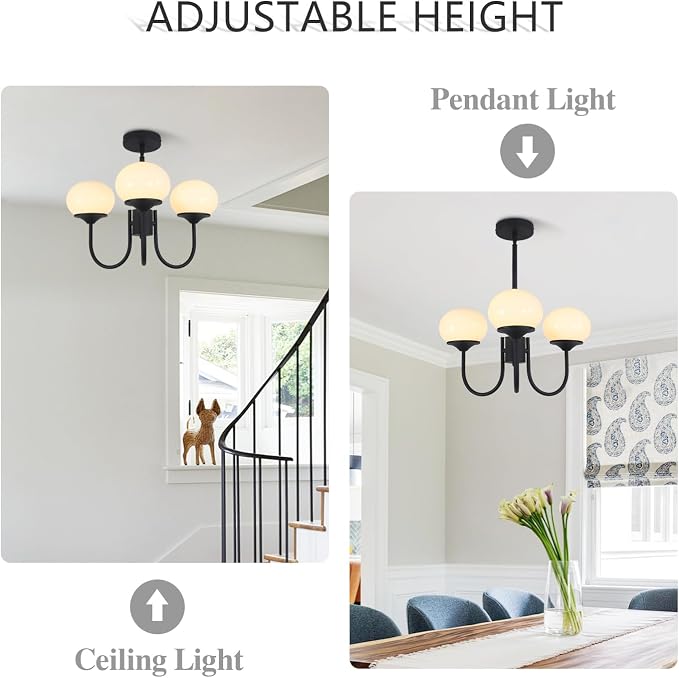 Mid Century Modern Pendant Light 3-Light Milk Glass Chandelier Frosted Globe Chandelier Black Sputnik Ceiling Light Fixture for Living Room Bedroom