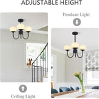 Mid Century Modern Pendant Light 3-Light Milk Glass Chandelier Frosted Globe Chandelier Black Sputnik Ceiling Light Fixture for Living Room Bedroom