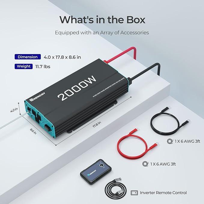 Renogy Inverter P2 2000W Pure Sine Wave Inverter 12V DC to 110V AC Converter, Off-Grid Solar Power Inverters for Vehicles, Truck, RV, Home, with Built-in 5V/2.1A USB / Hardwire Port, Remote Controller