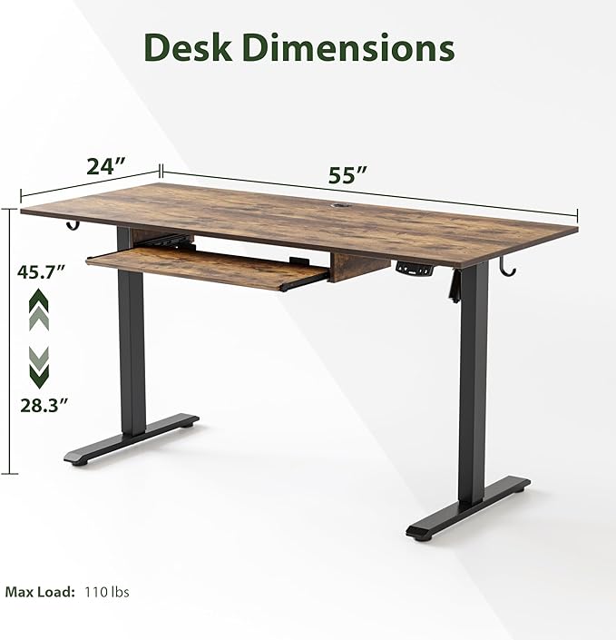 Height Adjustable Desk with Keyboard Tray, 55 x 24 Inches Electric Standing Desk, Stand up Computer Table with Memory Preset, Modern Lift Motorized Gaming Workstation, Rustic Brown