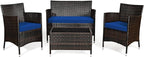 Goplus 4-Piece Rattan Patio Set, Outdoor/Indoor Wicker Conversation Set for Pool, Backyard, Lawn, Wicker Chairs and Sofa with Soft Cushion, Rattan Furniture with Tempered Glass Coffee Table