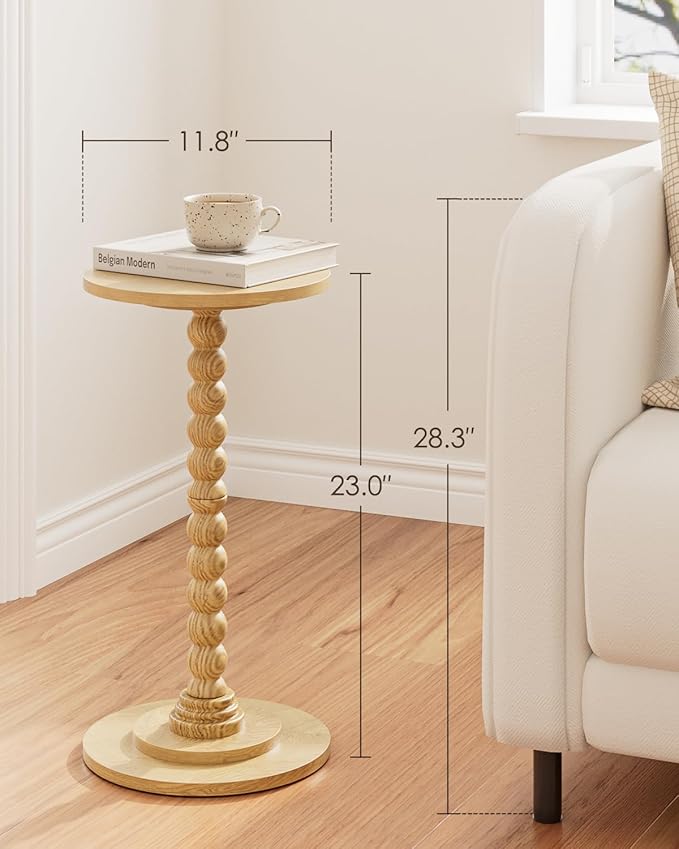 Masupu Round Side Table, Small End Table for Small Spaces, Pedestal Drink Table with Solid Wood Leg for Living Room, Bedroom, Corners(Natural)