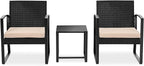 SereneLife Patio Outdoor Furniture, 3 Pcs. Per Set-includes 2 Single Chairs with Soft Cushion and 1 Glass-top Coffee Table, Black Weather-Resistant Resin Wicker Rattan, Brown