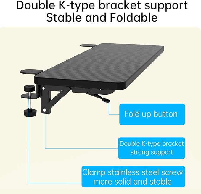 Ergonomics Desk Extender Tray, 29.5"x9.5" Punch-Free Clamp on, Foldable Keyboard Drawer Tray, Table Mount Arm Wrist Rest Shelf, Computer Elbow Arm Support