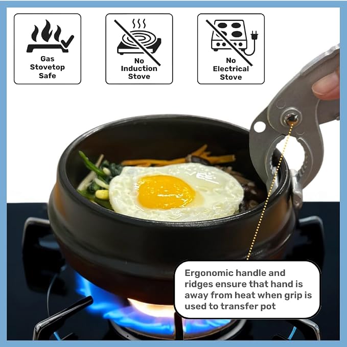 Korean Stone Pot Set (7-piece, 38.7oz with Hot Pot Grip), Ttukbaegi, Dolsot, Korean Soup Bowl, Ceramic Pots for Cooking, Soup Pot, Earthenware Claypot, Bibimbap, Ramen