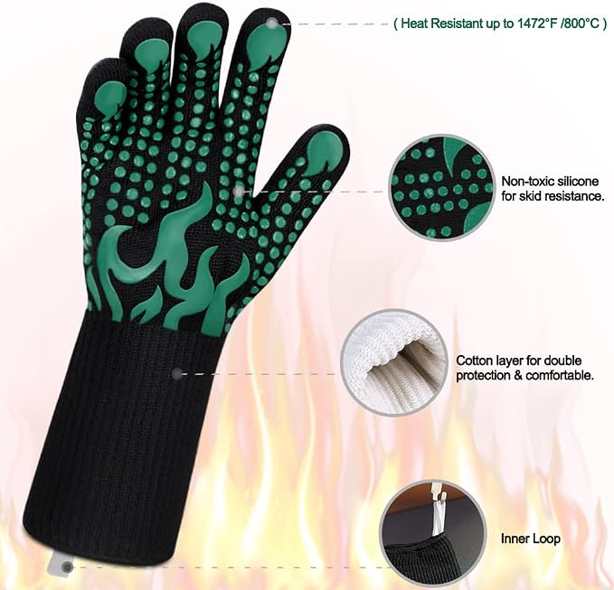 Comsmart BBQ Gloves, 1472 Degree F Heat Resistant Grilling Gloves Silicone Non-Slip Oven Gloves Long Kitchen Gloves for Barbecue, Cooking, Baking, Cutting