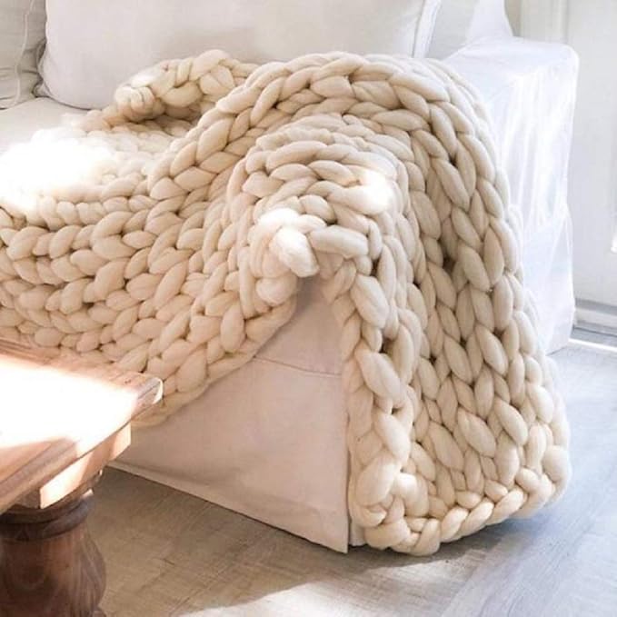 Chunky Knit Blanket Hand Made Merino Wool Throw Boho Bedroom Sofa Home Decor Giant Yarn(Ivory White 40"x47")