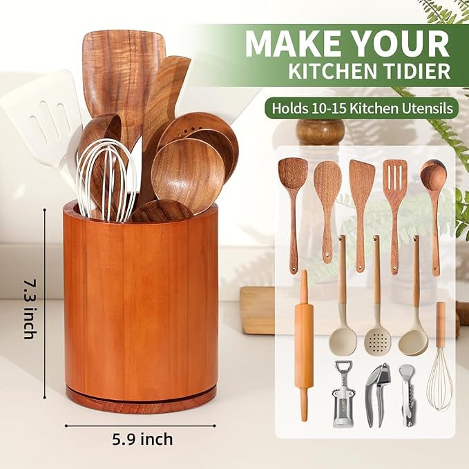 Wood Utensil Holder, 360° Rotating 7.3 in Kitchen Organizer | Rustic farmhouse countertop decor. 360° rotating base holds spatulas, ladles, tongs, and cooking tools. Rich cherry finish