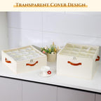 Foyego Cup and Mug Storage Box, Beige | 16 Adjustable Dividers, Hard Shell, with Transparent Lid, 3 Handles, Zippers, Stackable Storage Organizers for Packing&Moving