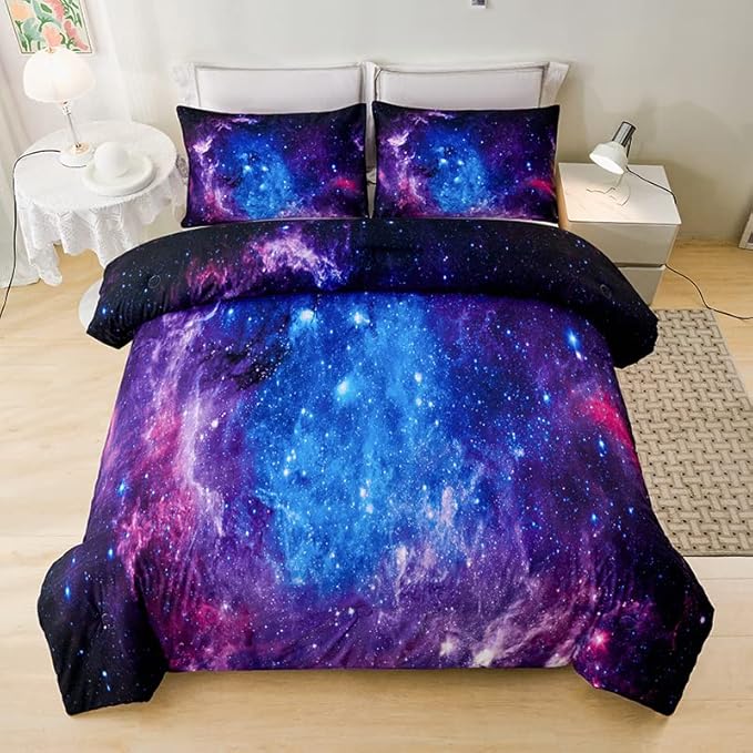 Galaxy Comforter Set,Girls Purple Bedding Set Full,Galaxy Bedding Set for Kids Girls Boys,Space Comforter Set Full with Pillowcase,Girls Full Comforter Set