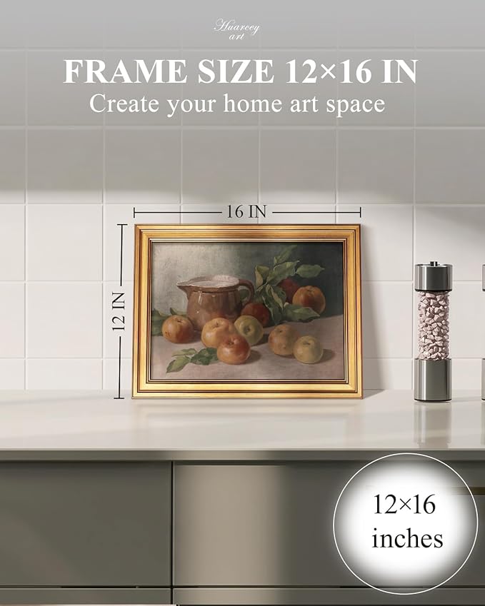 HUARCEY Gold Framed Vintage Wall Art for Living Room, Harvest Apples Still Life Oil Painting Artwork Shelf Decor Abstract Wall Pictures Prints, Farmhouse Fruit Room Decor Bedroom Kitchen Bathroom