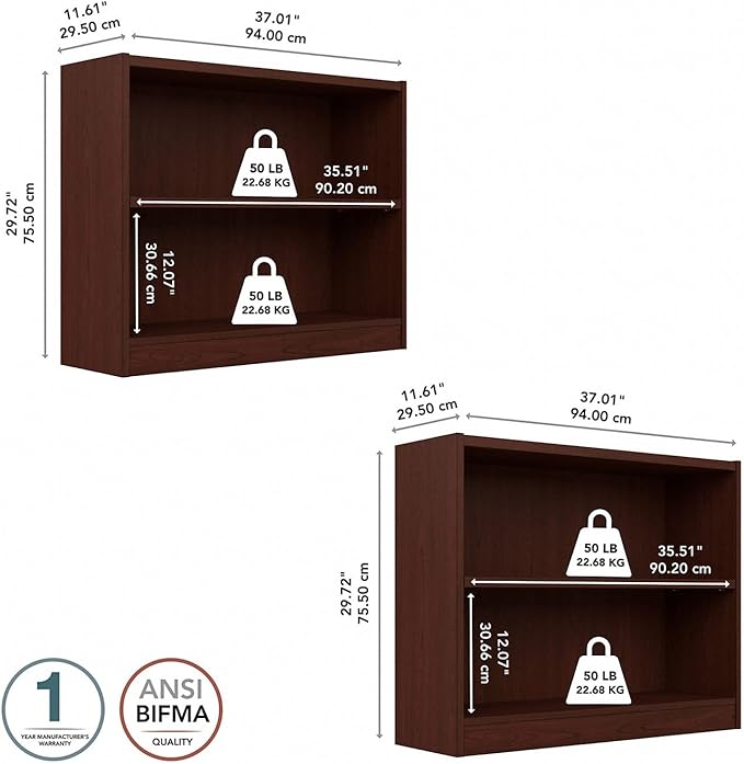 Bush Furniture Universal Small 2 Shelf Bookcase in Vogue Cherry - Set of 2, Matching Storage and Display Bookshelves for Home Office or Living Room Organization