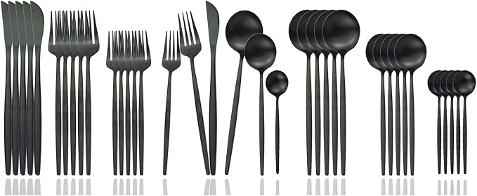 JASHII Silverware Set, 36 Piece Food Grade Stainless Steel Flatware Set Fork Spoon Knife Utensils for Daily Use and Party, Service for 6 Anti Rust, Safe in Dishwasher (Matte Black)