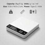 Partyreal Digital Kitchen Coffee Scale，Slim Scale with Tare, g/oz/ml Units, Backlit Display, USB-C Rechargeable (Cable Included) + AAA Backup Power White