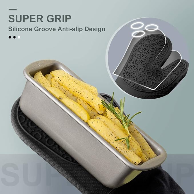 sungwoo Silicone Oven Mitts, Heat Resistant Oven Gloves with Quilted Liner Non-Slip Textured Grip Perfect for BBQ, Baking, Cooking and Grilling - 1 Pair 13.8 Inch Black