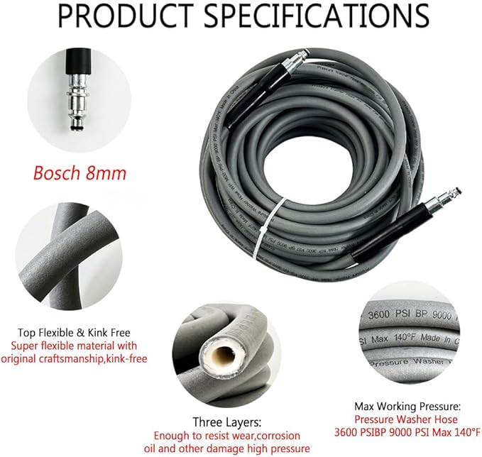 5800PSI/400Bar Ultra Flexible Pressure Washer Hose for Bosch Home Cleaning, 5M-30M High Pressure Extension Tube with Quick-Connect Adapter,(Red/Blue/Yellow/Green/Grey/Orange/Light Blue)(Grey,32FT)