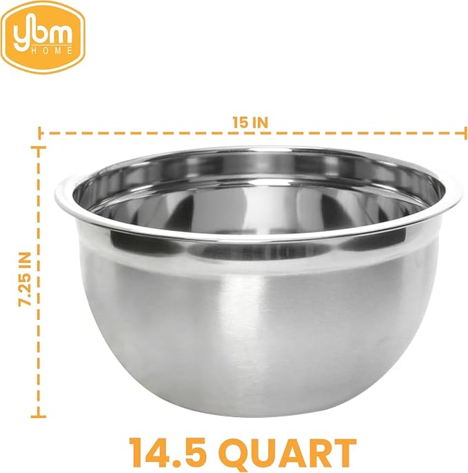 YBM HOME Heavy Duty Professional Stainless Steel Mixing Bowl – Commercial Grade Deep Prep & Serving Bowl for Baking, Cooking, Dough Mixing & Food Prep, Dishwasher Safe, 14.5 Quarts