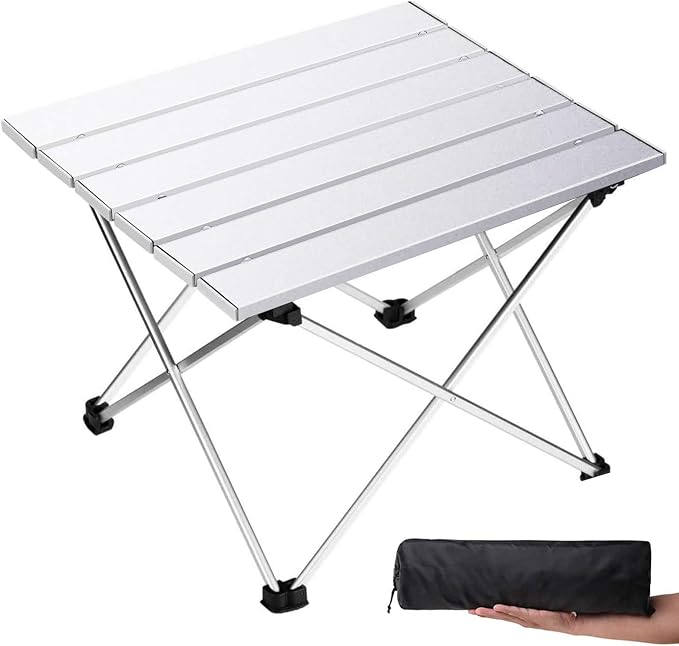 Grope Small Folding Camping Table, Aluminum Beach Table for Sand (Silver-S) | Portable & Easy to Carry, With Carry Bag for Camping, Prefect for Outdoor, Picnic, BBQ, Cooking, Festival, Beach, Home Use