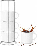 HASENSE Coffee Mugs 12 OZ Ceramic Cups Set of 4, Stackable Embossed Coffee Cups with Rack, Porcelain Coffee Cups for Latte, Cappuccino, Mocha, Cocoa, Americano, Hot Tea and Milk, White