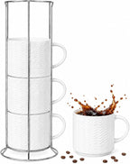HASENSE Coffee Mugs 12 OZ Ceramic Cups Set of 4, Stackable Embossed Coffee Cups with Rack, Porcelain Coffee Cups for Latte, Cappuccino, Mocha, Cocoa, Americano, Hot Tea and Milk, White