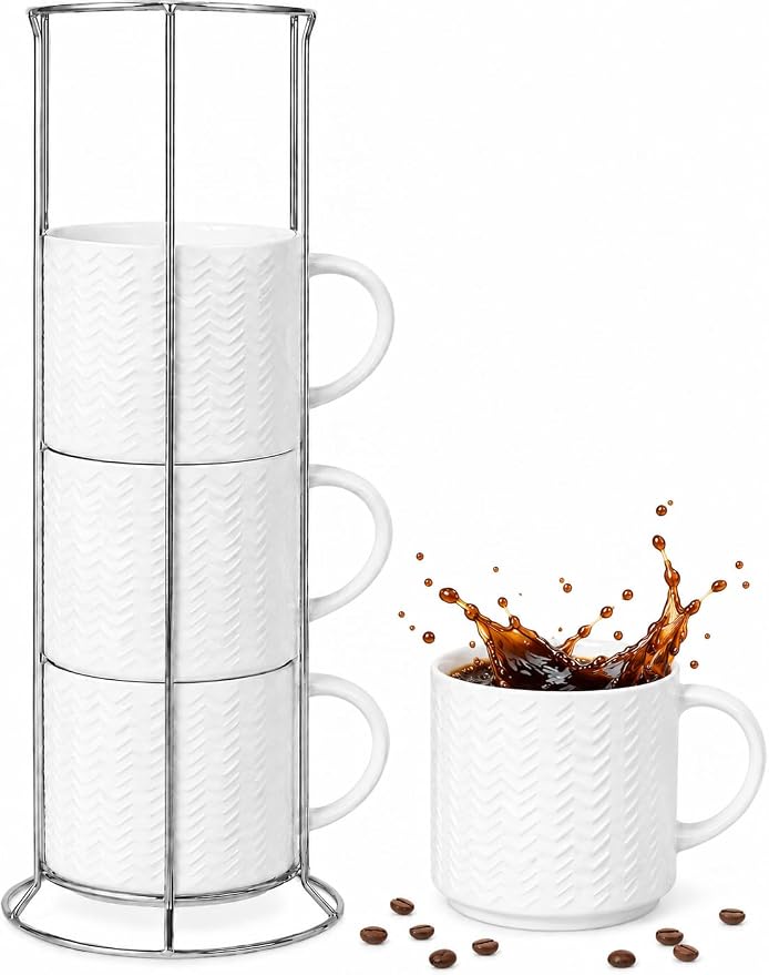 HASENSE Coffee Mugs 12 OZ Ceramic Cups Set of 4, Stackable Embossed Coffee Cups with Rack, Porcelain Coffee Cups for Latte, Cappuccino, Mocha, Cocoa, Americano, Hot Tea and Milk, White