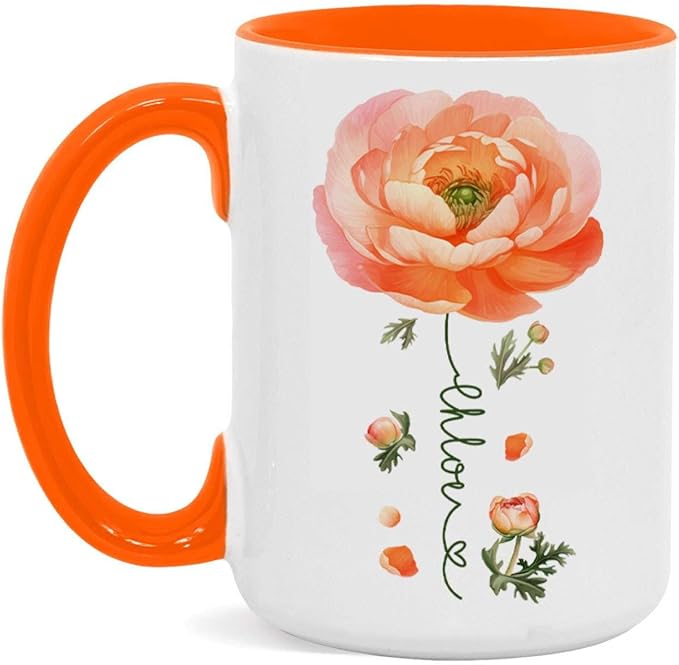 Ranunculus Lover Accent Mug, Novelty Flower Themed Coffee Cup 11oz 15oz, Customized Ranunculus Floral Mug With Name, Personalized Flower Decorative Cup, Gift For Birthday