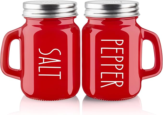 Red Salt and Pepper Shakers Set, ZOSUJO 4 oz Cute Modern Glass Christmas Red Shaker Sets with Stainless Steel Lids, Red Kitchen Decor and Accessories for Home Restaurants Weddings