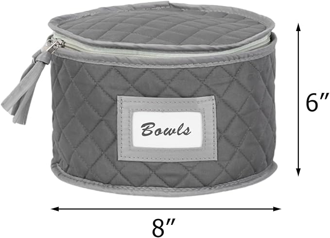 Stack Store Plus More China Storage Quilted Case for Dessert Plate, Bowls, Small Plate or Saucer - 8" W x 6" H - Gray - Includes 12 Felt Separators