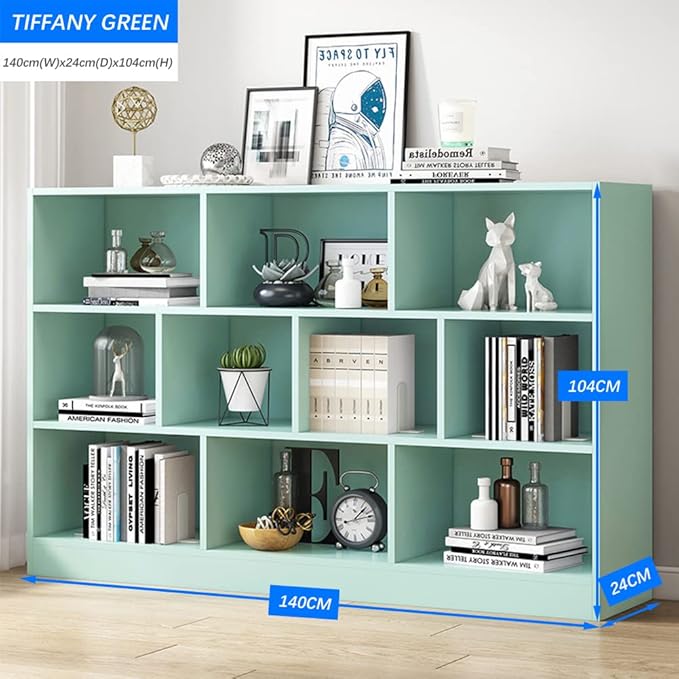 IOTXY Open Shelf Low Bookcase - Wooden 3-Tier Floor Standing Display Cabinet Organizer with Base, 10 Cubes Short Horizontal Bookshelf in Tiffany-Green