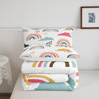 Rainbow Comforter Set Full for Kids Girls Child,Colorful Girly Rainbow Bedding for Girls Bedroom,Cartoon Sun and Star Inner Fill Graffiti Striped Painting Quilt with 2 Pillow Shams Home Room Decor