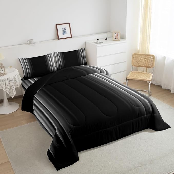 Geometric Abstract Ombre Bedding Set Men Adults Teens Grey Gray and Black Striped Comforter Set Kids Boys Girls Simple Modern Quilt Setwith 2 Pillowcases 3Pcs Bedding Full