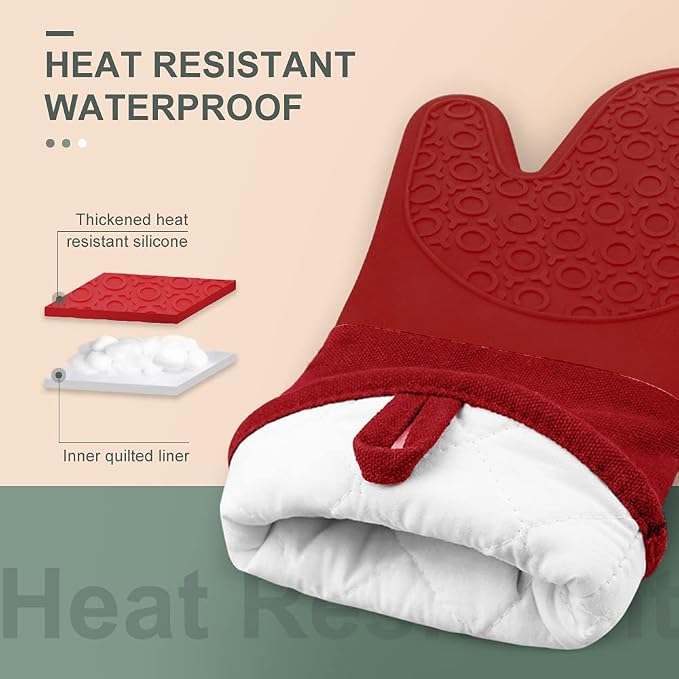 sungwoo Extra Long Silicone Oven Mitts, Heat Resistant Oven Gloves with Quilted Liner Non-Slip Textured Grip Perfect for BBQ, Baking, Cooking and Grilling - 1 Pair 14.6 Inch Empire Red
