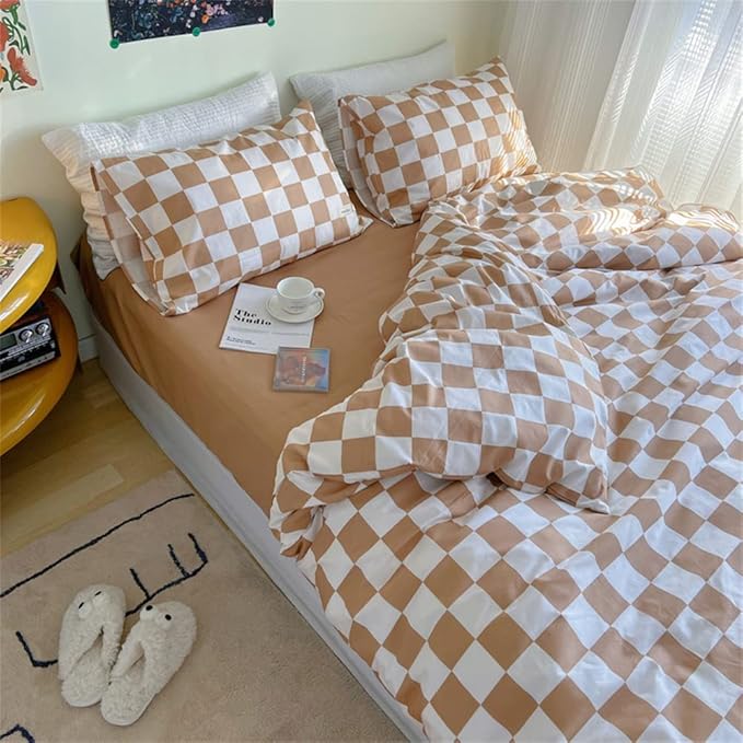 Wellboo Light Brown Plaid Comforter Sets Twin Women Men Cream Coffee and White Checkerboard Grid Bedding Comforters Cotton Boys Girls Modern Light Taupe Checkered Geometric Quilts Luxury Abstract Bed