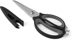 Farberware 4-in-1 Kitchen Shears with Sheath, High-Carbon Stainless Steel Scissors with Bottle Opener, Jar Opener and Screwdriver, Grey and Black Ergonomic Handle
