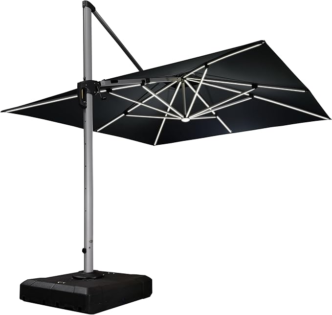PURPLE LEAF 11 Feet Double Top Deluxe Solar Powered LED Square Patio Umbrella Offset Hanging Umbrella Outdoor Market Umbrella Garden Umbrella, Grey