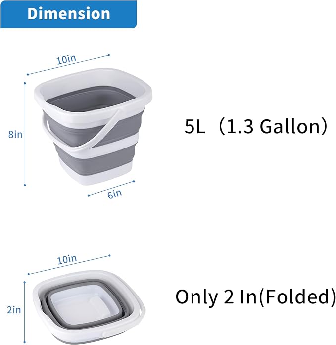 2 Pack Collapsible Buckets 5L 1.3Gallon Small Cleaning Bucket for Household Portable Plastic Bucket Outdoor Car Washing Tub Foldable Camping Beach Sand Water Pot Pail Space Saving Square Grey