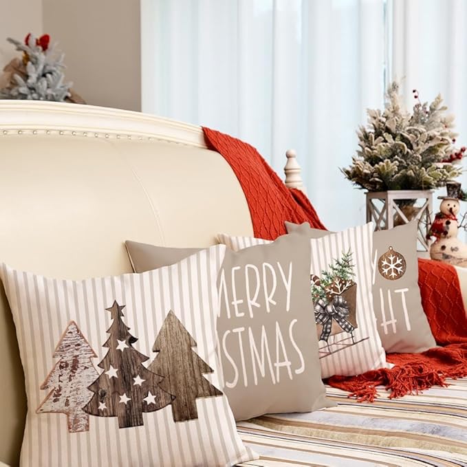 GEEORY Christmas Pillow Covers 20 x 20 Inch Set of 4, Striped Wooden Tree Snow Sleigh Merry Bright Xmas Holiday Decor Decorative Throw Cushion Case Decoration for Home Party Sofa Couch (Brown)